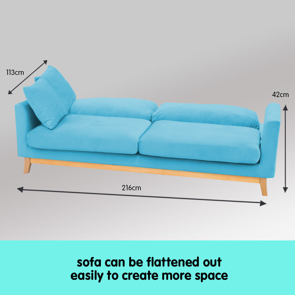 NNEDPE Sarantino 3 Seater Faux Velvet Wooden Sofa Bed Couch Furniture - Blue