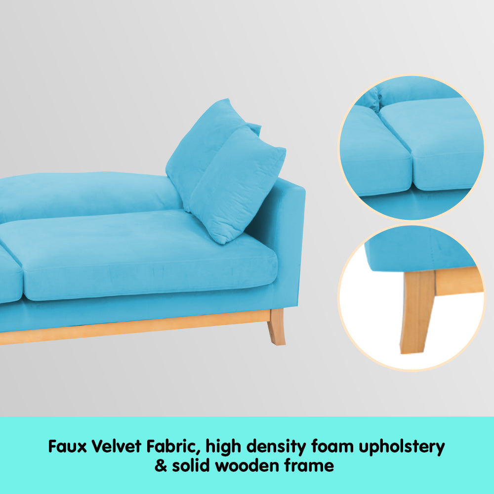 NNEDPE Sarantino 3 Seater Faux Velvet Wooden Sofa Bed Couch Furniture - Blue